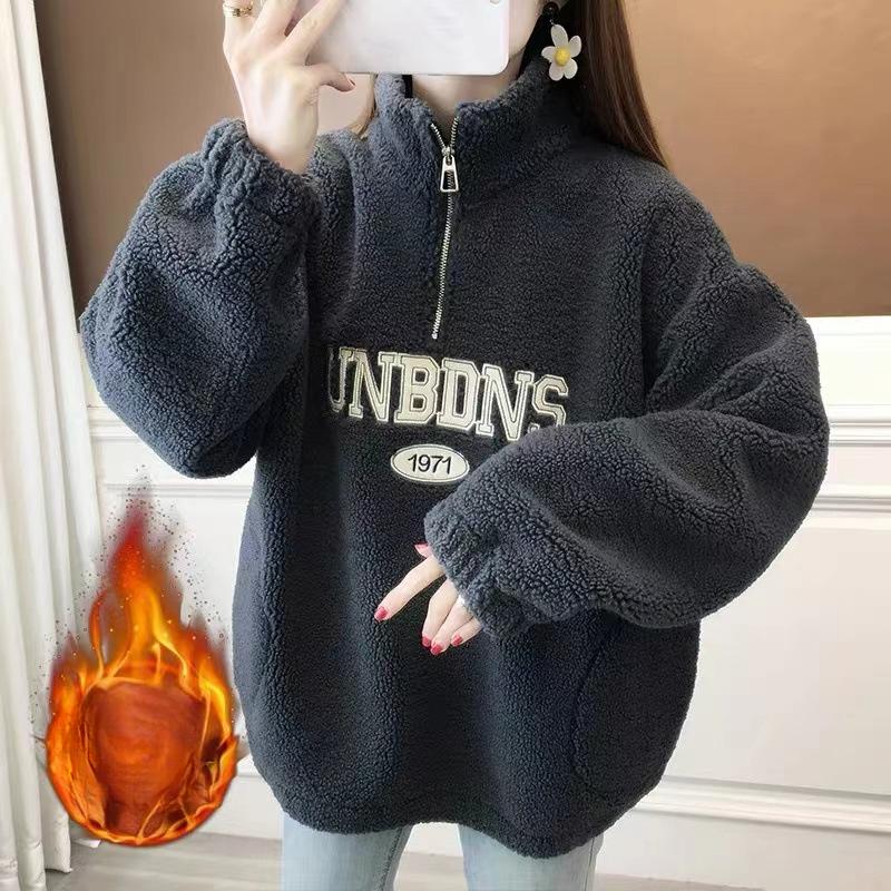 

Вышитый свитер из овечьей шерсти для женщин на осень и зиму, повседневный, с молнией на полувысоком воротнике, универсальный, утолщенный, теплый топ 2XL