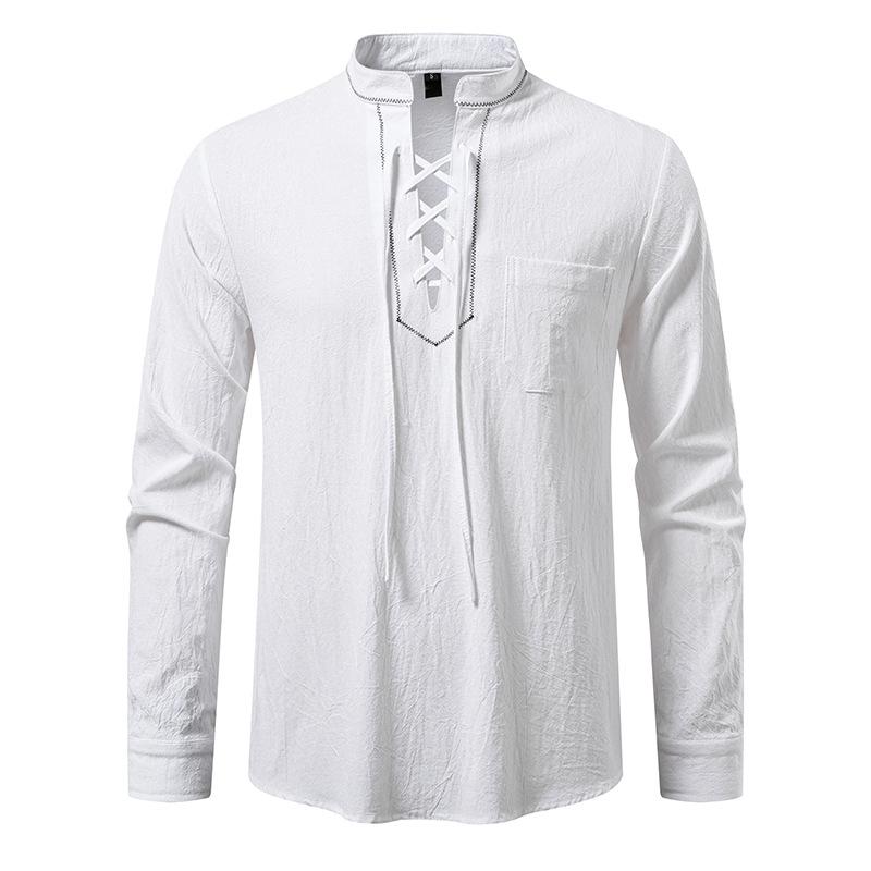 Men's Lace-Up Stand Collar Long Sleeve Shirt Casual Retro Top for Men Spring Autumn Fashion Multi-Color Male Blouse
