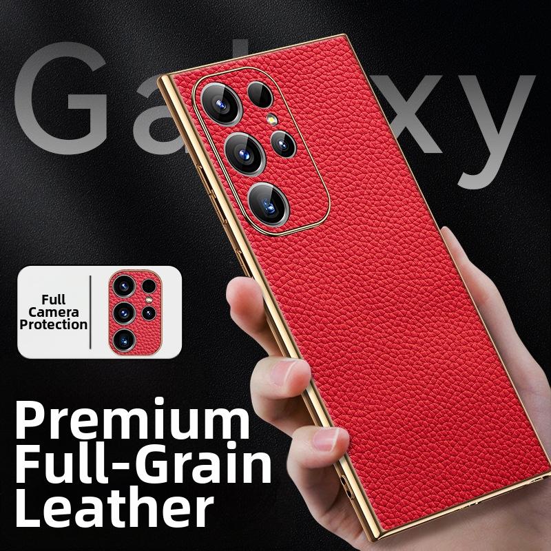 

Genuine Leather Lychee Grain Phone Case for Samsung Galaxy S26 S22 S23 S25 Ultra S24 Plus S26+ Electroplated Soft Cover S0035 Galaxy S26 Ultra