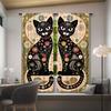 2pc Floral Painted Black Cat Curtains, Pastoral Art Style, Suitable for Bedrooms & Living Rooms, Rod Pocket Decorative Curtains
