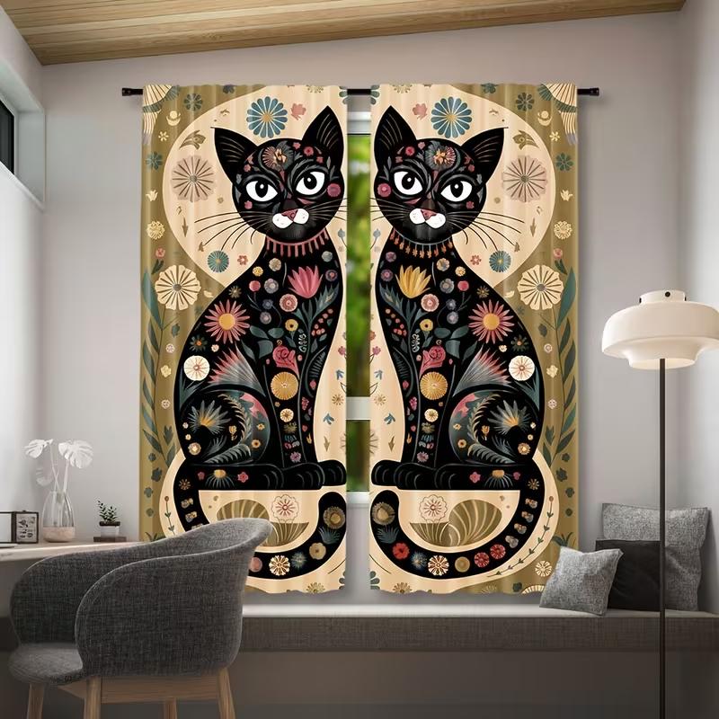 2pc Floral Painted Black Cat Curtains, Pastoral Art Style, Suitable for Bedrooms & Living Rooms, Rod Pocket Decorative Curtains