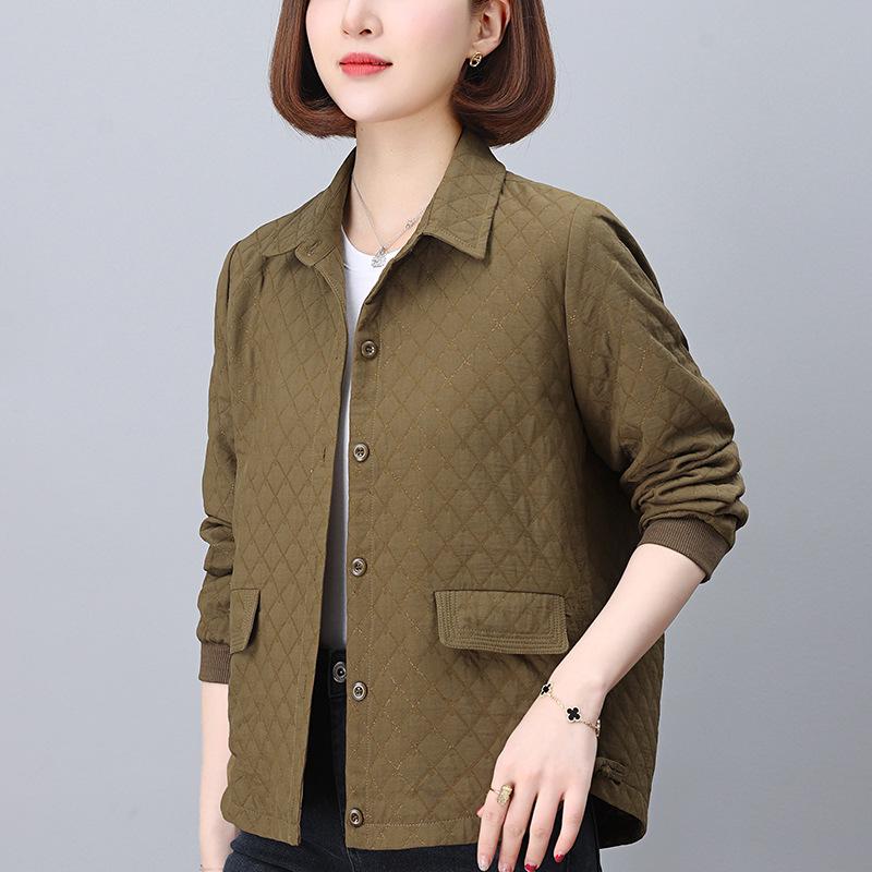 

Новое осеннее пальто аргайл 2024 для женщин - Короткая, повседневная, стильная куртка для мам среднего возраста XXL (suggested 131-140 lbs) хаки