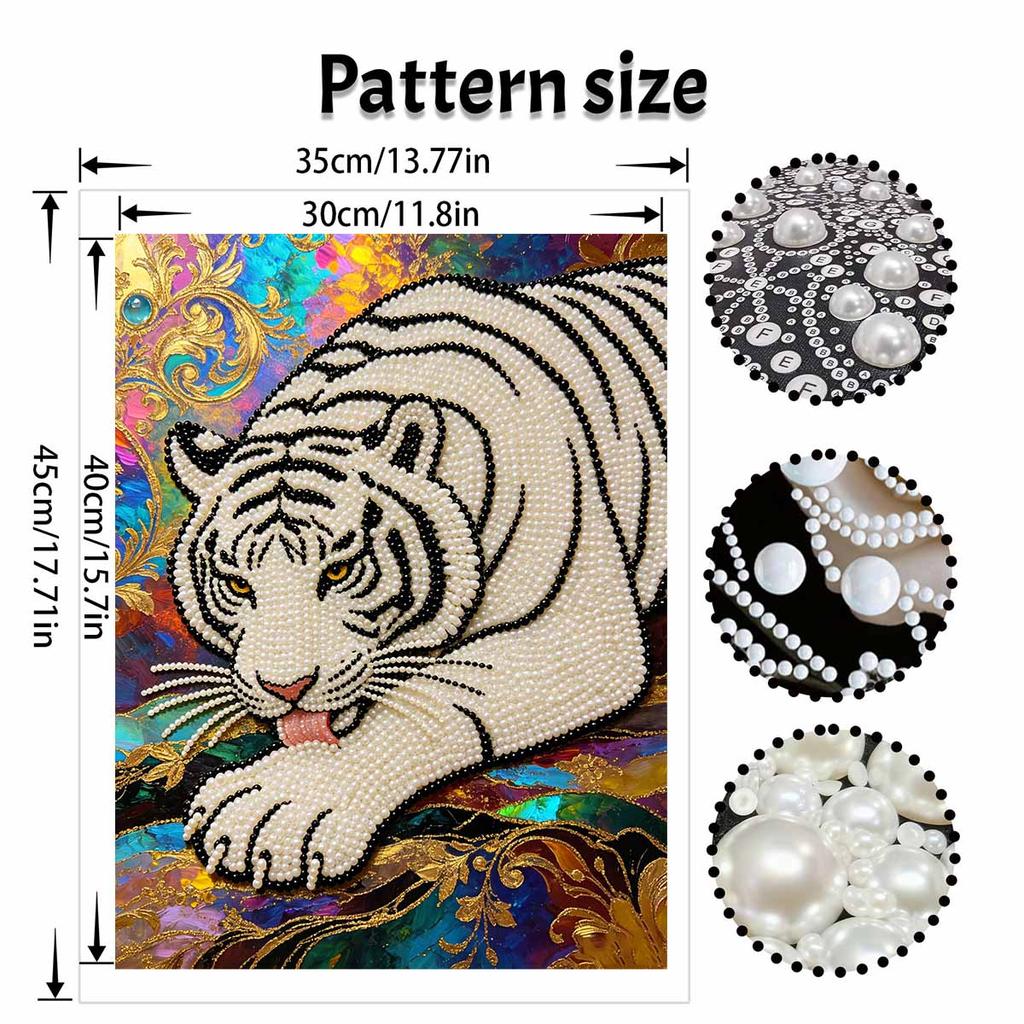 Shiny Pearl Elegant White Tiger DIY Painting Creative Bead Art Craft Household Wall Decoration Nice Present For Art Hobbyists Home Decor Accents