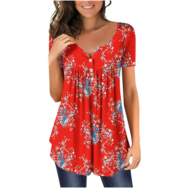 Summer Women's Short Sleeve Floral 3D Printed Buttons T Shirt Ladies Plus Size Top
