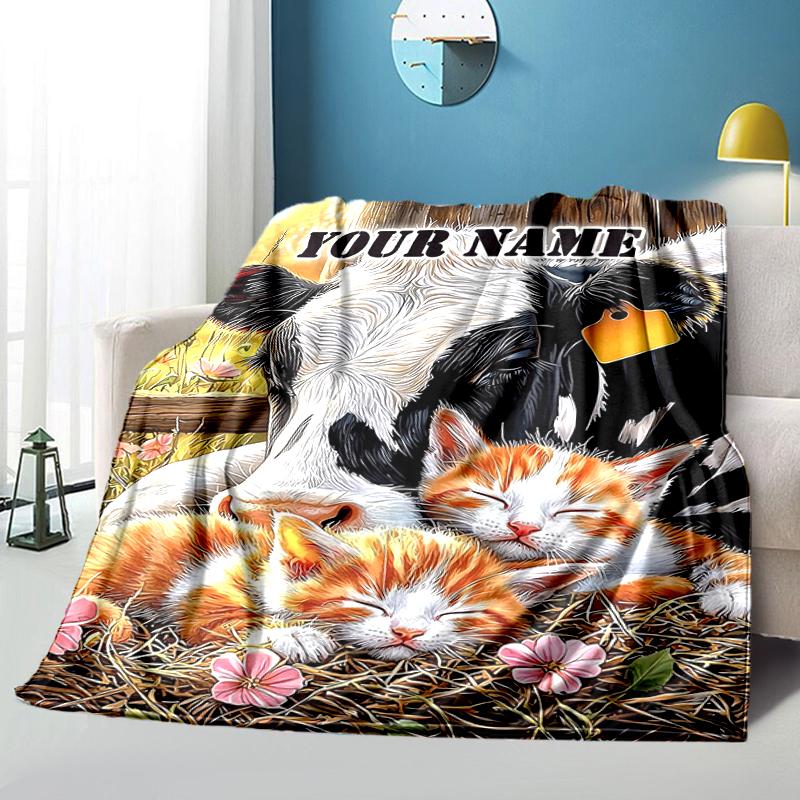 1PC Custom Name Cow Kittens Pasture Flannel Blanket Versatile,all-season Throw Suitable for the Living Room,bedroom,camping,travel,and Gift
