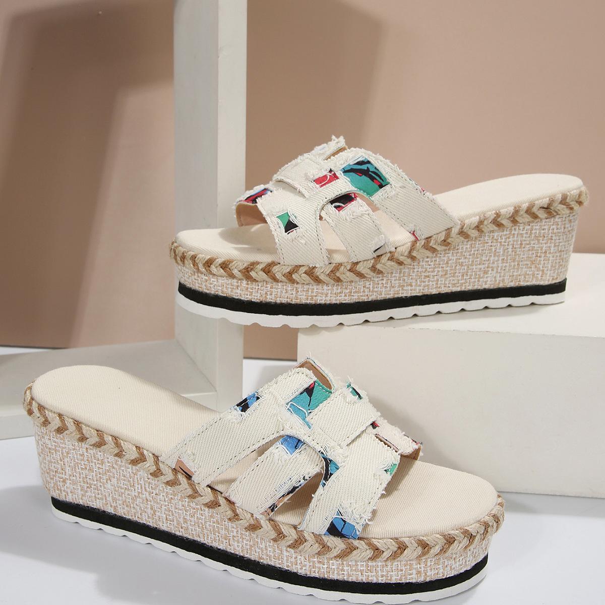 

Женские тапочки на толстой подошве большого размера с перекрещенным носком, новые сандалии на танкетке из пеньковой веревки 42 белый