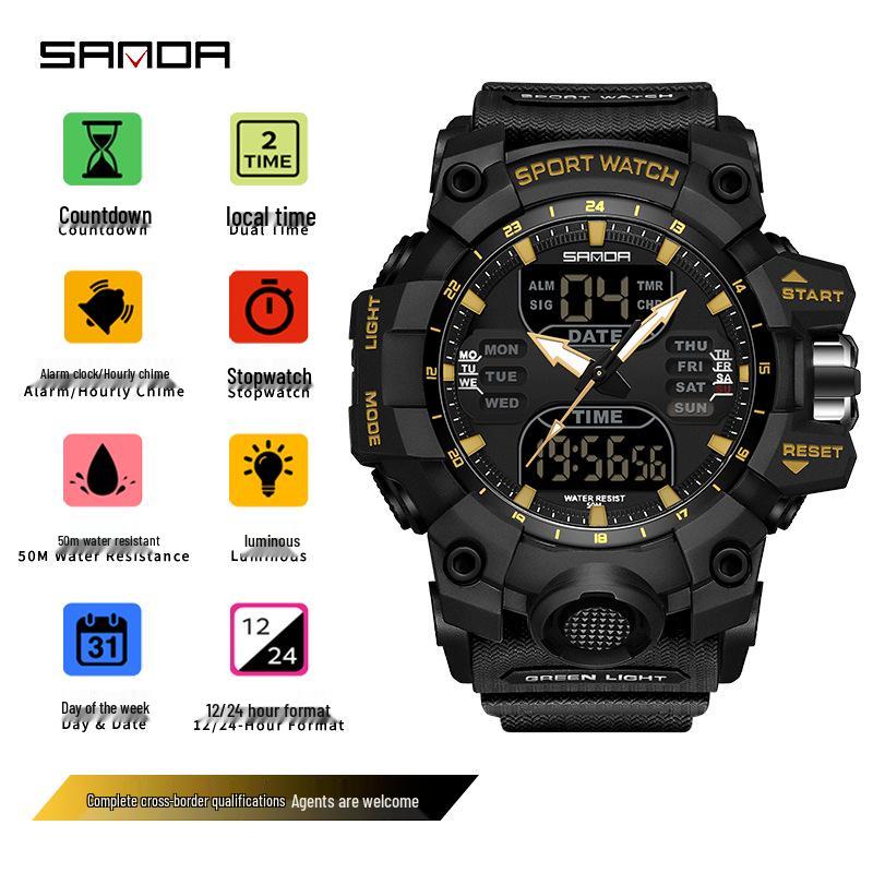 Sanda Multifunctional Waterproof Sports Watch for Outdoor and Student Use with Dual Display and Alarm Clock.