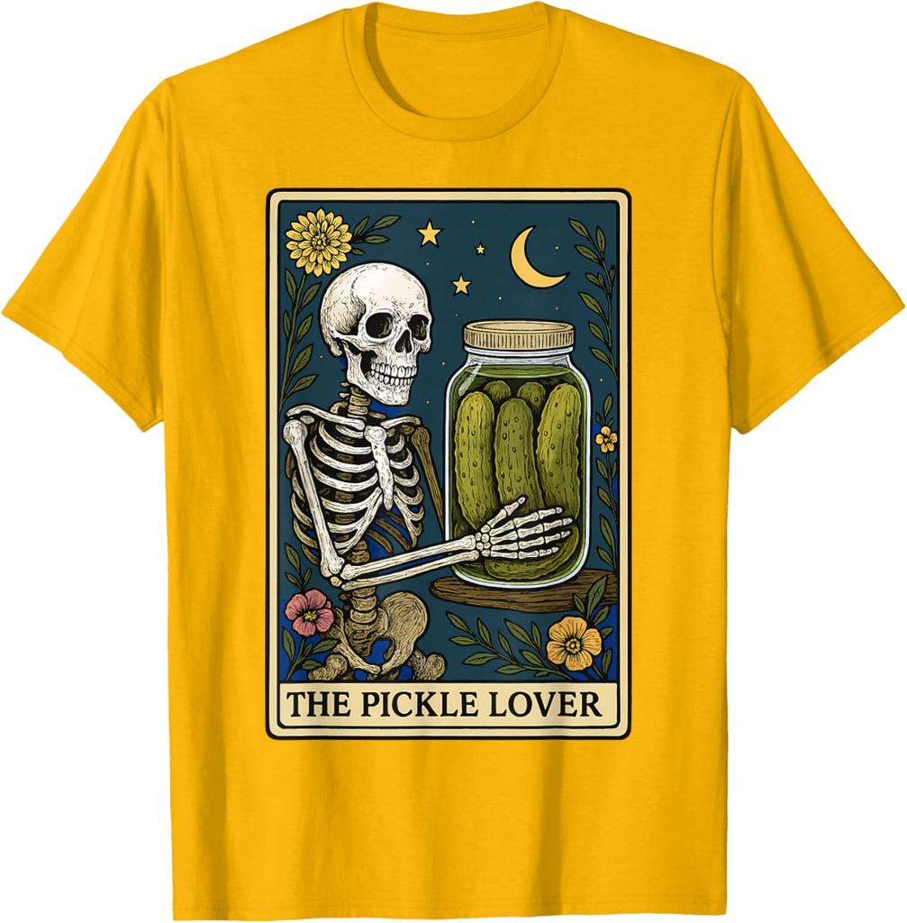 Skeleton Holding Pickle Jar Tarot Card Graphic Print Cotton Casual T-Shirt for Men Trip