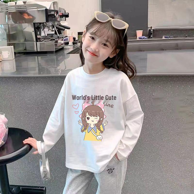 Girl's 100% Cotton Long Sleeve Breathable T-shirt - Stylish 2024 Spring/Autumn Base Layer