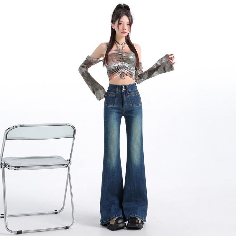 Autumn and winter new velvet slightly high-waisted jeans women's non-stick leg flared pants children