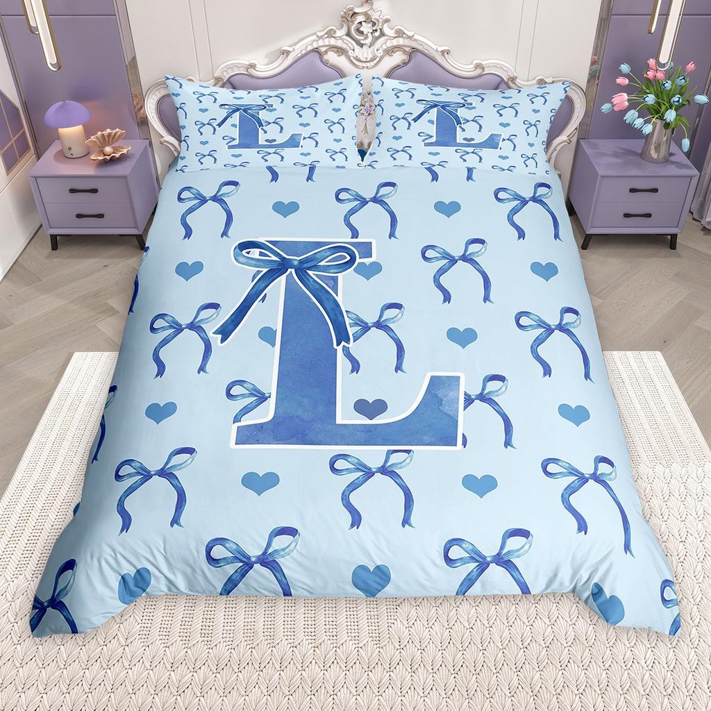 Homewish Girls Blue Bowknot Duvet Cover Set, Princess Style Bed Set, Monogrammed Bow Quilt Cover Set