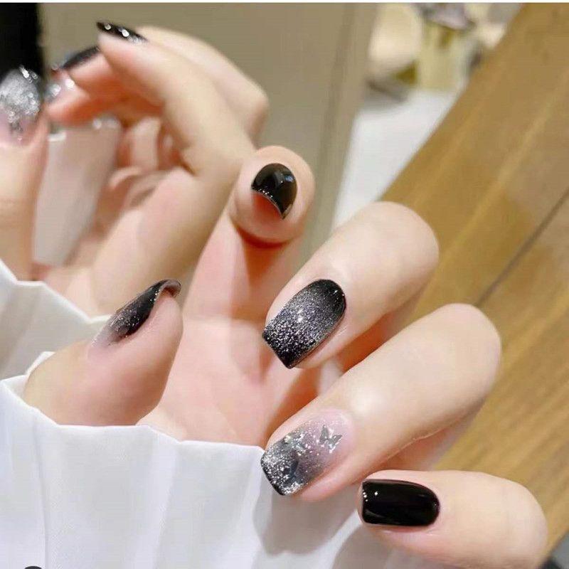 

Nail Stickers White Ins Xiaohongshu Black Spar Cat s Eye Butterfly Fake Nails Wearable Finished Pregnant Women and Students S. Medium rectangular black spar cat-eye butterfly