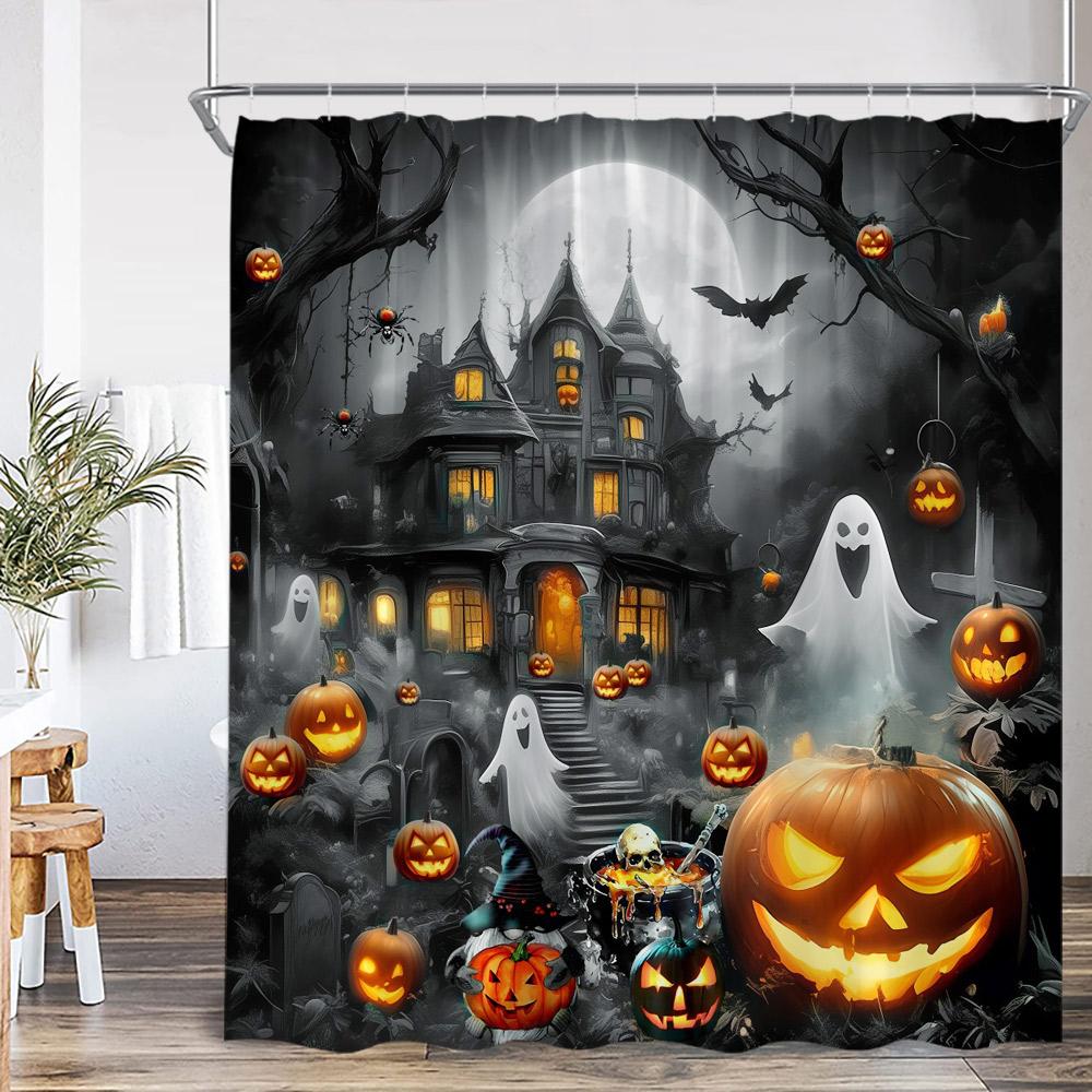 Halloween Shower Curtain Dark Forest Haunted House Graveyard Pumpkin Lantern Ghost Spooky Bathroom Decor Halloween Bath Curtain