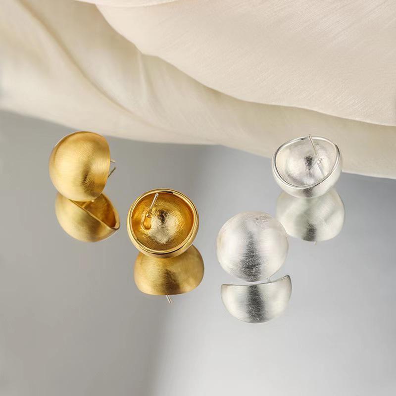 925 Silver Brushed Matte Round Ball Stud Earrings - Retro Hong Kong Style
