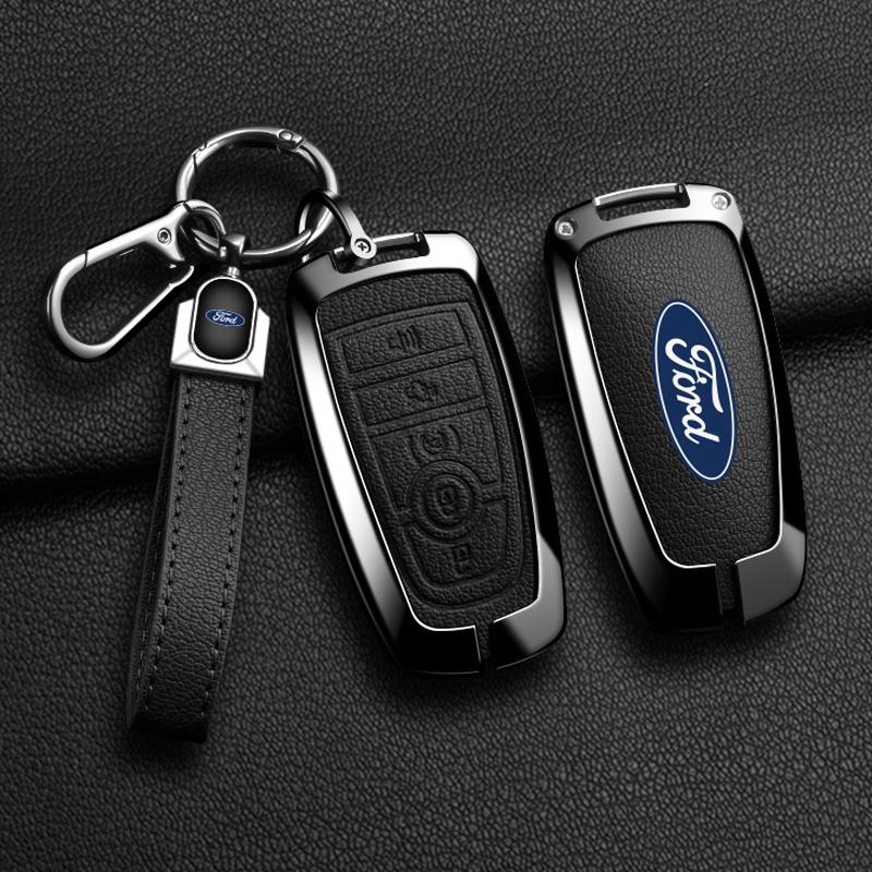 AAAMX1 Alloy Leather Car Key Fob Case Cover for Ford Fusion F150 F250 F350 F450 F550 Edge Explorer Escape Mustang 2018 2019 Protector