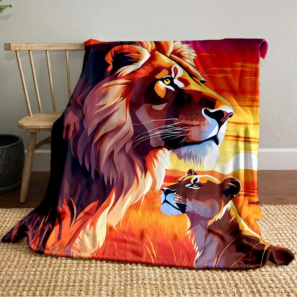 Two lions in a vibrant savanna during sunset with warm orange hues. for all seasons blanket lunch break throw gift