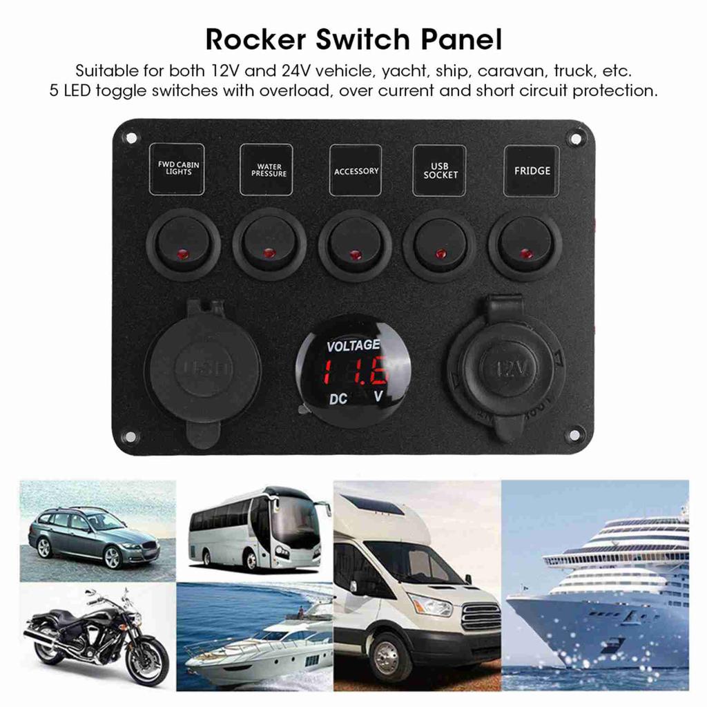 5 Gang LED Toggle   Panel with Digital Voltmeter   for RV Car Motorboat
