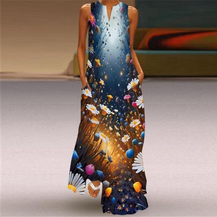 Sexy Sleeveless V Neck Printed Long Dress Women Summer European American Style