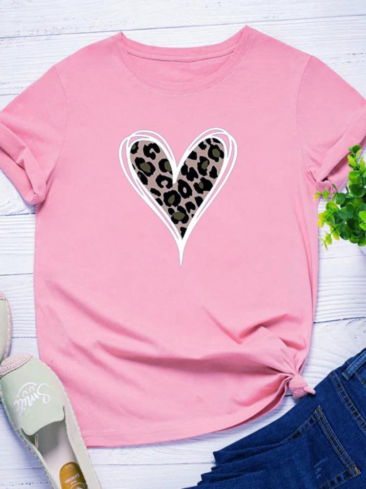 Leopard Heart Print Women T Shirt Short Sleeve O Neck Loose Women Tshirt Ladies Fashion Tee Shirt Tops Clothes Camisetas Mujer