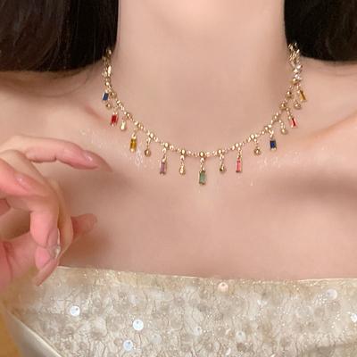 Color Crystal Fringed Necklace Female Dopamine Stacked Collarbone Chain Light Luxury High-end Sense Niche Design Sense Neck Chain Female