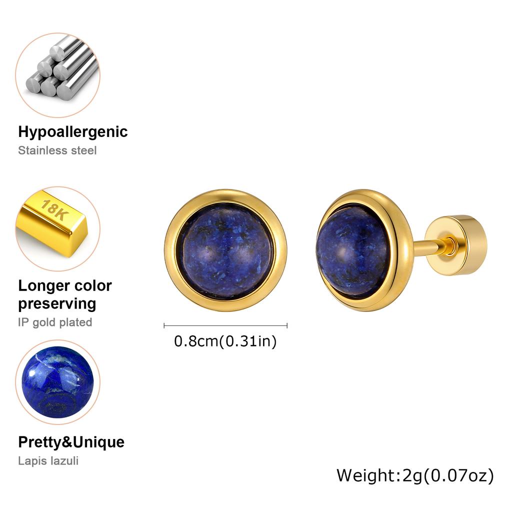 Minimalist Natural Stone Stud Earrings for Men Women,Gold Plated Stainless Steel Round Stud Earrings,Anti Allergy Earrings Gift