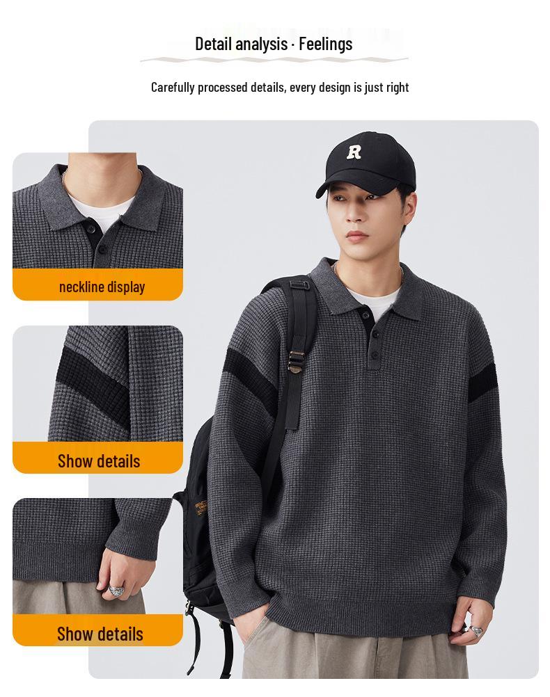Mu Yuan Men's Retro Autumn/Winter Knit Polo Sweater - American-Style Casual Top
