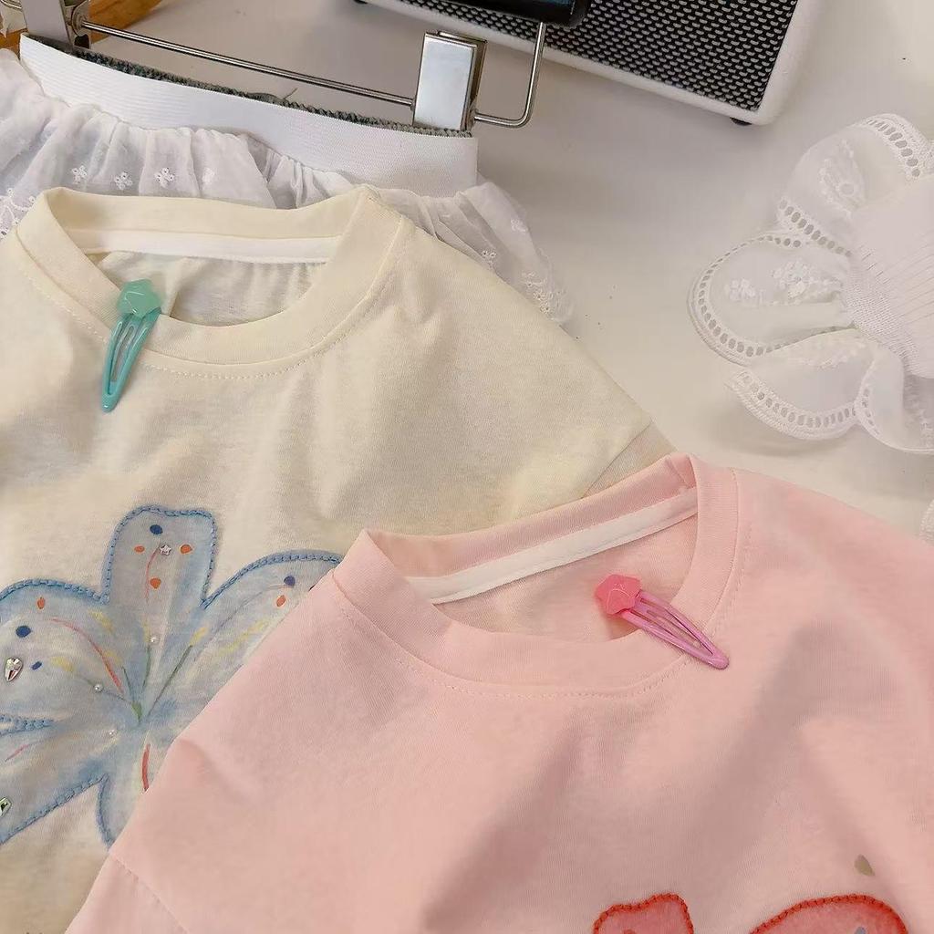 2026 Summer Milk Candy Girl's Lace Trim Embroidered Chiffon Parent-Child Short Sleeve Shirt