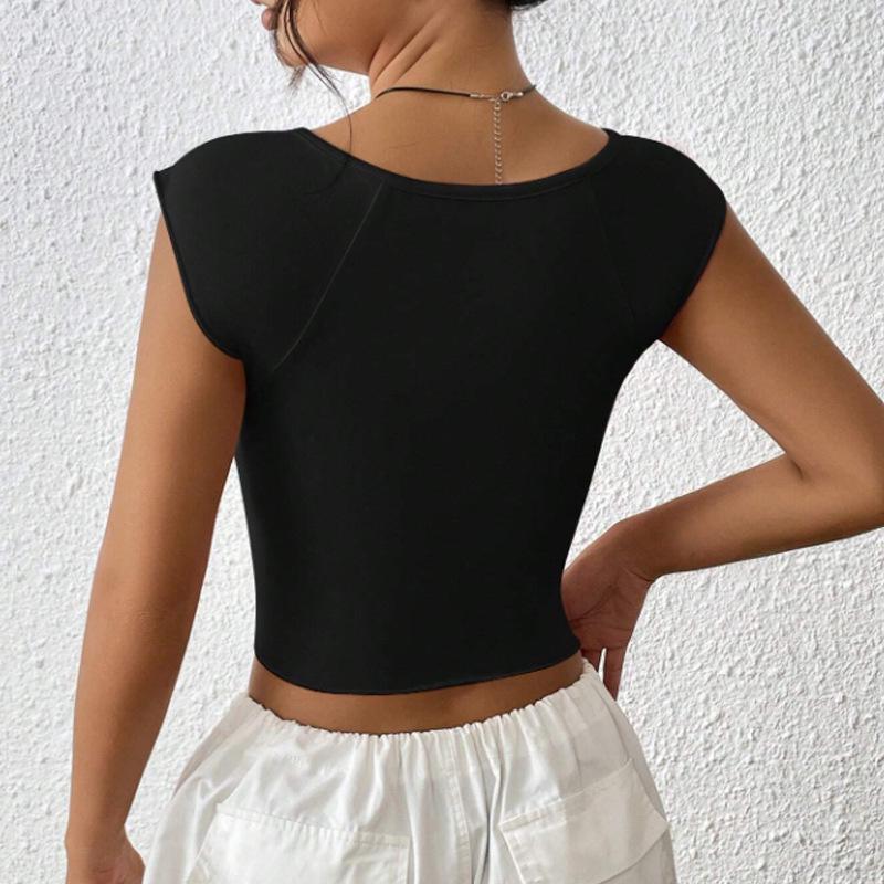 European-Style Women's V-Neck Sleeveless Slit Crop Top - Solid Color Spring/Summer New Arrival