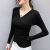 V-neck Long-sleeved Sweater Knit Sweater  Slim Slimming Side Button with Solid Color Bottoming Top Sweater