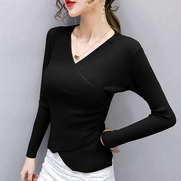 V-neck Long-sleeved Sweater Knit Sweater  Slim Slimming Side Button with Solid Color Bottoming Top Sweater