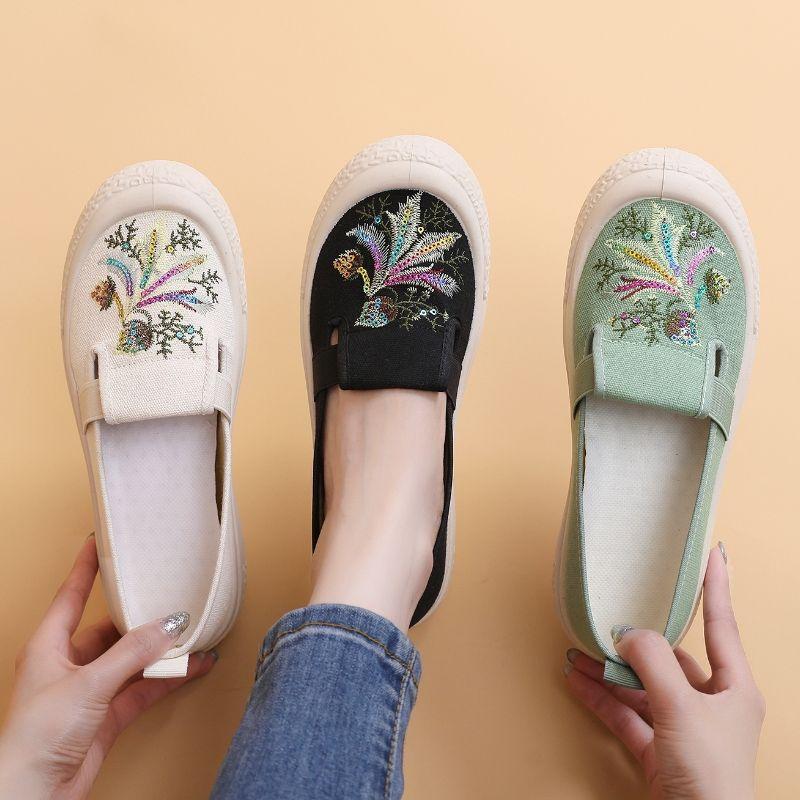 Sommer Neue Ländlicher Stil Damen Schuhe Bestickte Stoffschuhe Einschlupf Leinwand Student Vielseitig Atmungsaktiv Fischer Schuhe