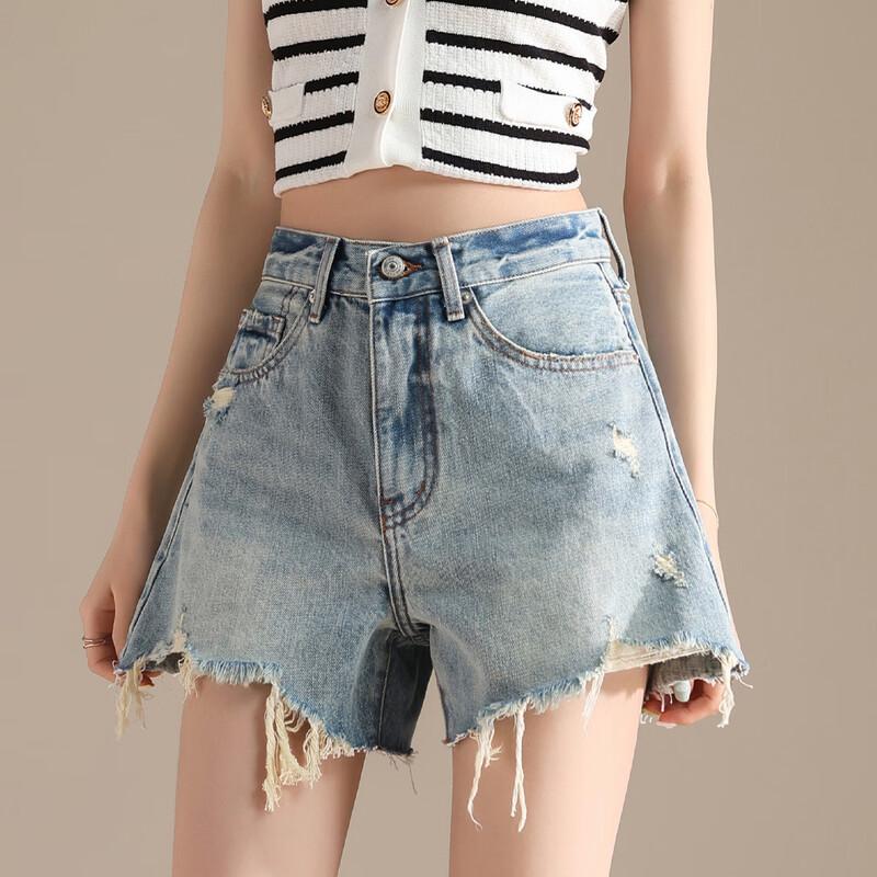 RAIN.CUN Women's High-Waist Ripped A-Line Denim Shorts