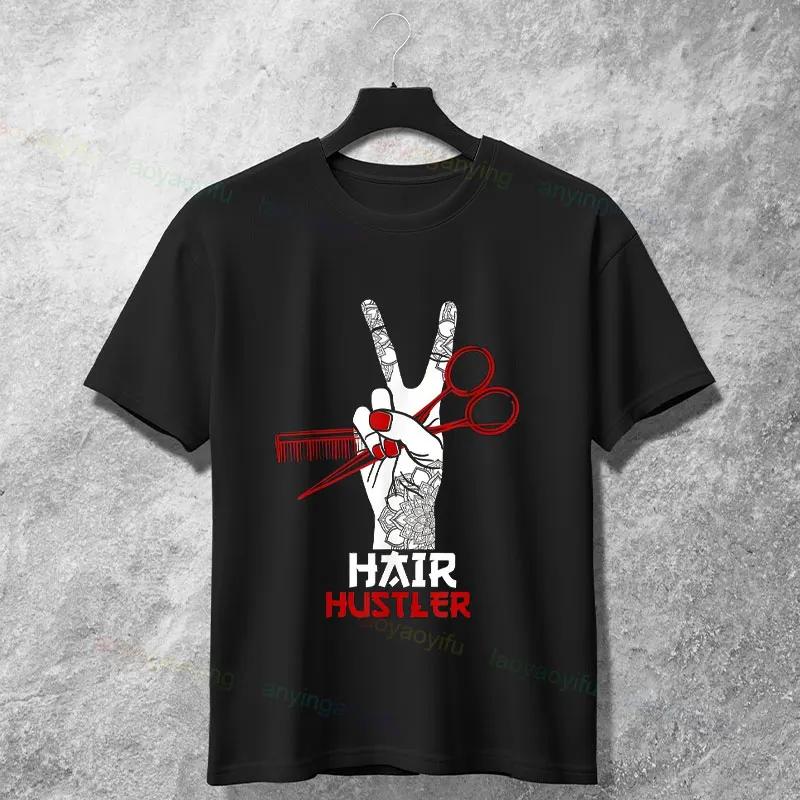 Hair Hustler Barber Scissors Comb Peace Sign Graphic Cotton Crewneck Short Sleeve TShirt S