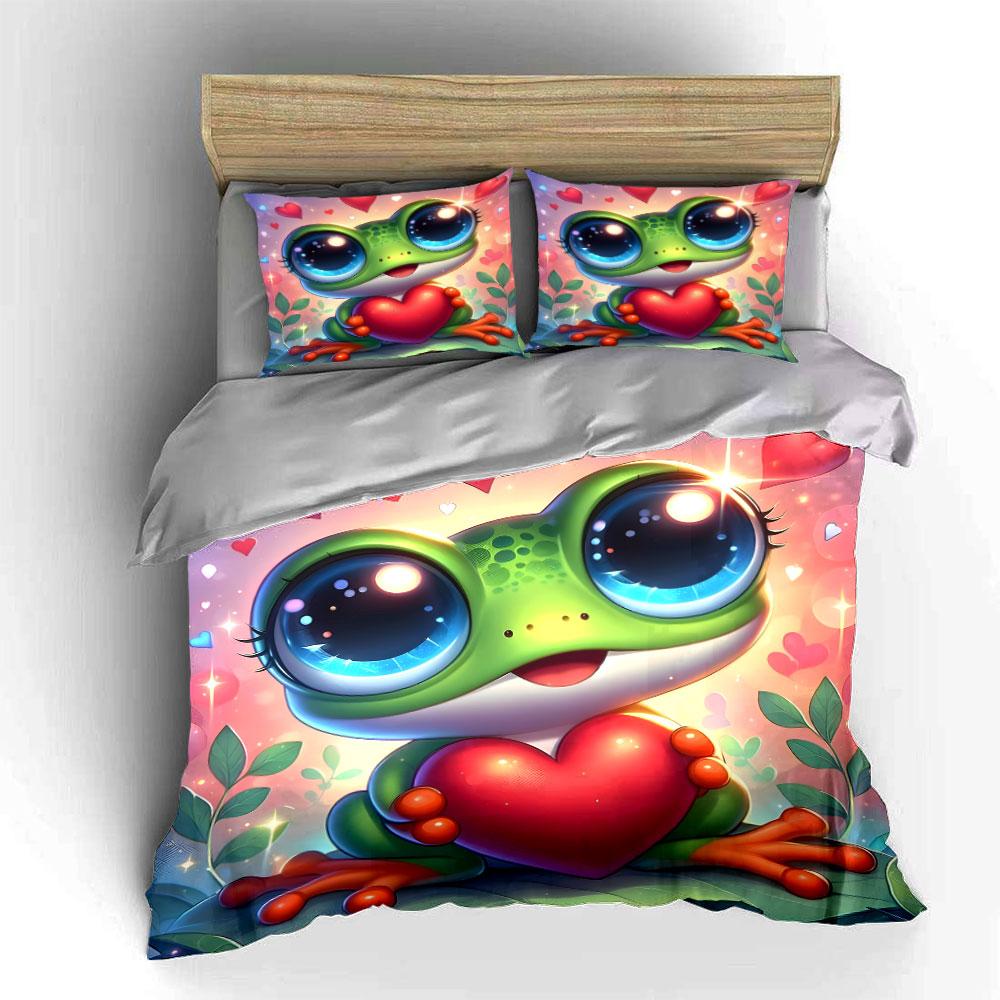 Cute Frog with Heart Design Bedding Duvet Cover Set (1*Duvet Cover 2*Pillowcases, without duvet insert)