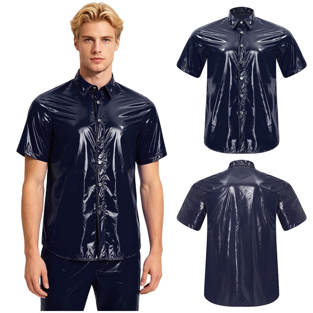 Men‘s Waterproof Button Front Shirt Short Sleeve Wet Look T-Shirt for Rainy Days Beach Club Camping Fishing