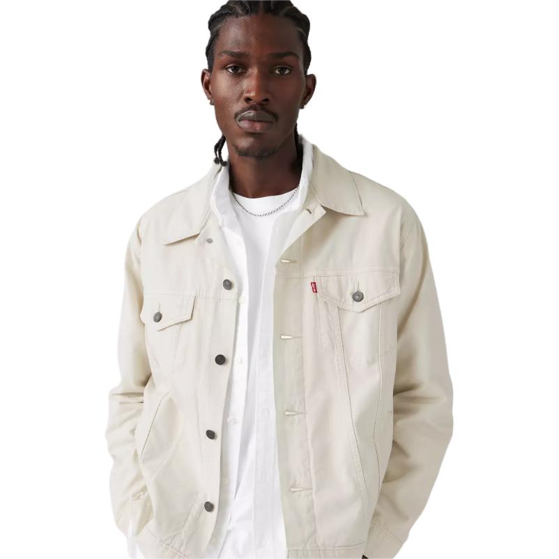 Levis SS25 Leinen-Denim-Serie Locker geschnittene Jacke mit spitzem Kragen und Fronttaschen-Logo Herrenjacken Weiß A5782-0063