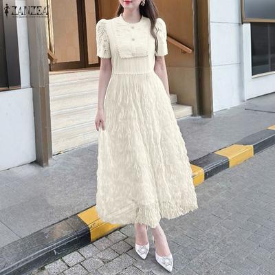 Women Lace Patchwork Casual Round Neck Short Sleeve Long Dress