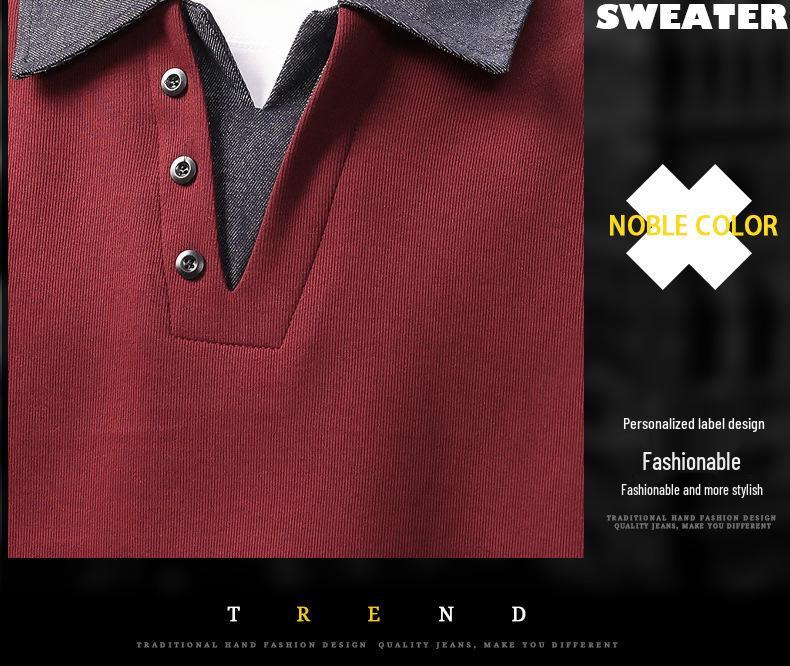 Men's Retro Fleece-Lined Color Block Denim Polo Hoodie