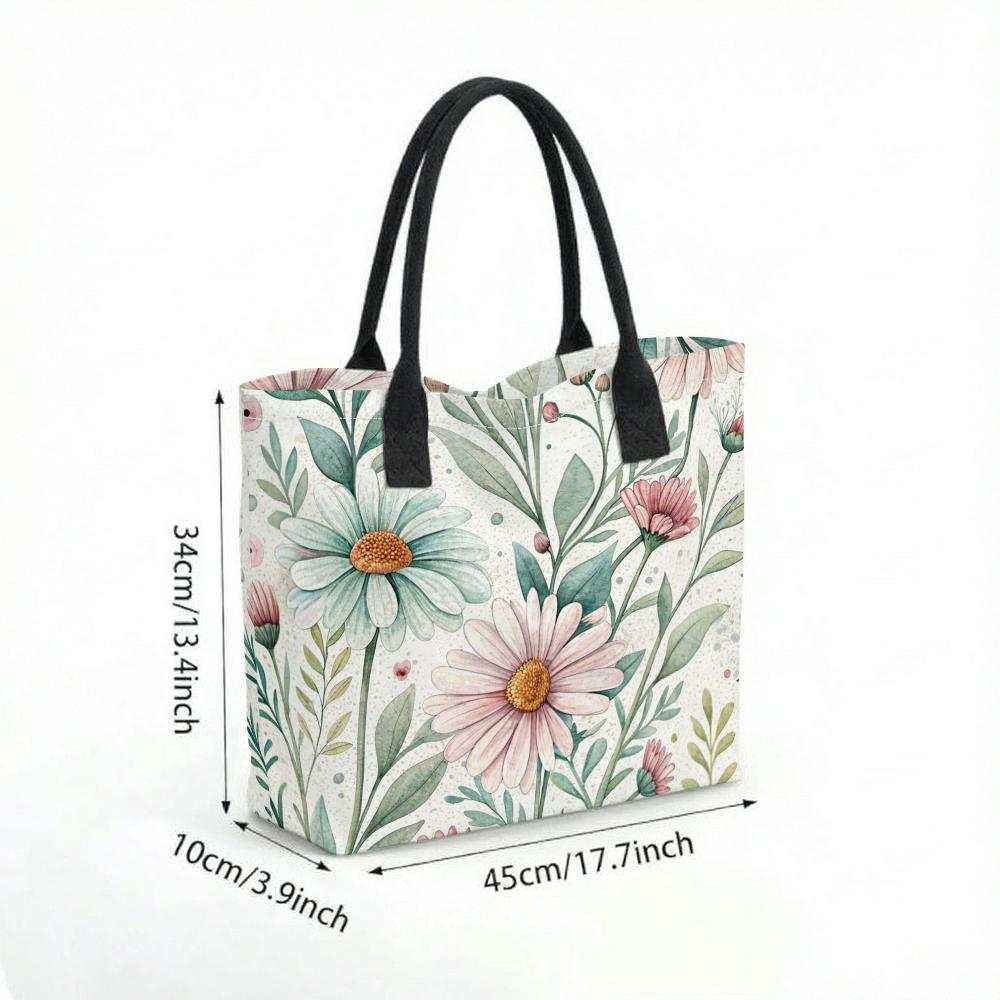 Watercolor Floral Print Canvas Tote Bag Casual Daily Large Capacity Handbag for Women