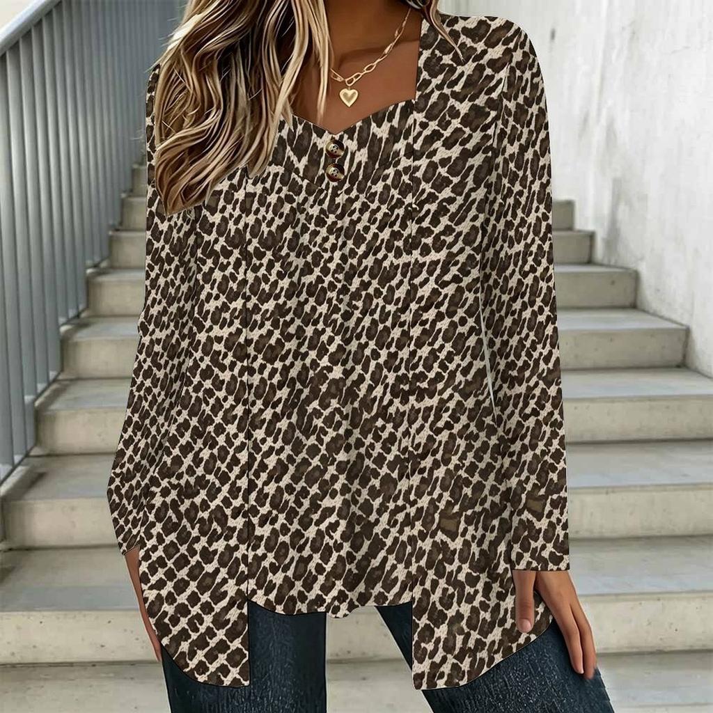 Oversized Ladies Square Neck Long Sleeve T Shirt Double Layer Front Floral Printed Loose Casual Everyday Top