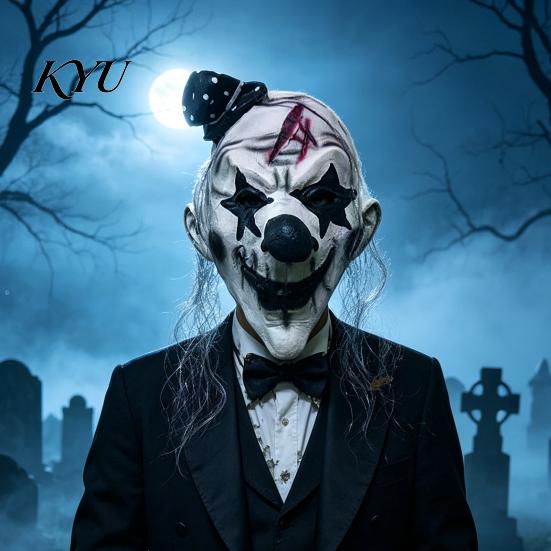 Geheimraum Flucht Outfit Horror Halloween Latex Maske für Erwachsene, Gruseliger Clown Cosplay Requisite, Unheimliches Party Auftritts Zubehör Ganzkopf Kapuzen Kostüm,