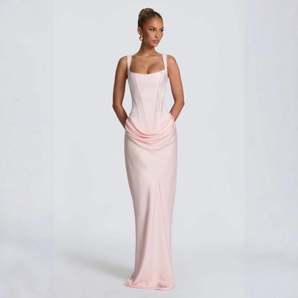 2026 European Style Spring Solid Color Sleeveless Slim-fit Pleated Square Neck Dress