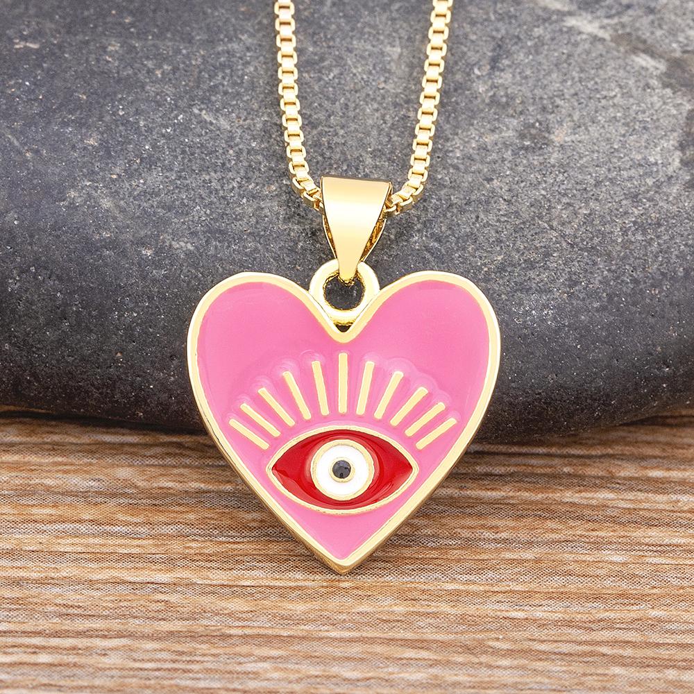

Nidin Classic Enamel Heart Shape Inlaid Rainbow Turkish Evil Eye Oil Drop Pendant Necklace Women Charm Jewelry Romantic Gift рожевий