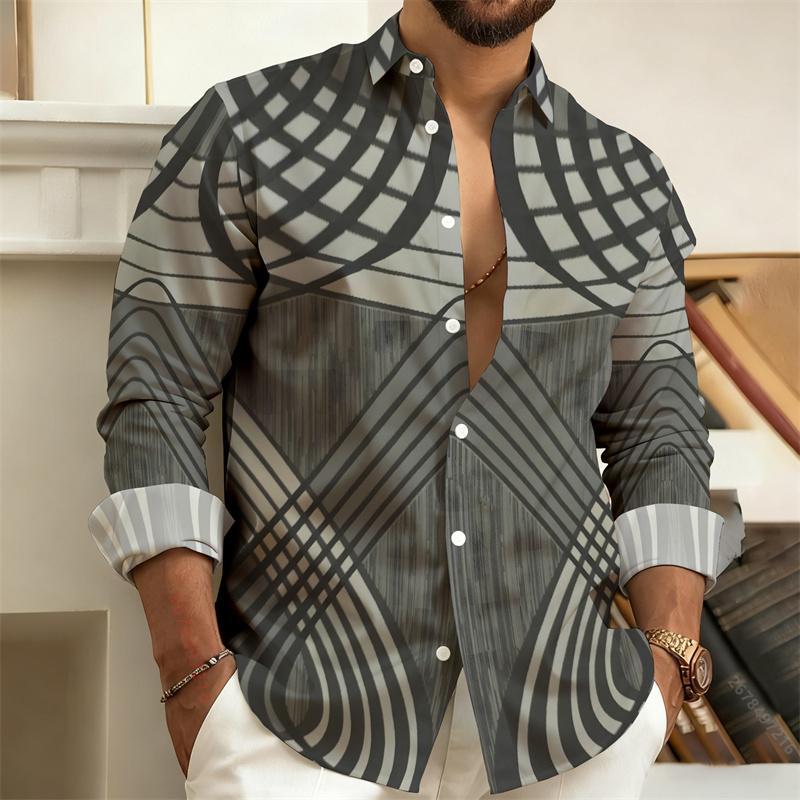 Nuova Camicia da Uomo Geometrica Color-Block Stampata in 3D a Maniche Lunghe, Elegante Camicia da Uomo, Streetwear da Esterno