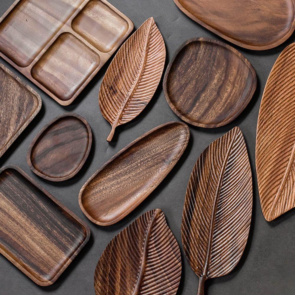 Retro Walnut Tea Tray Wooden Leaf Serving Platter Tray Round Storage Snack Fruit Platter Tea