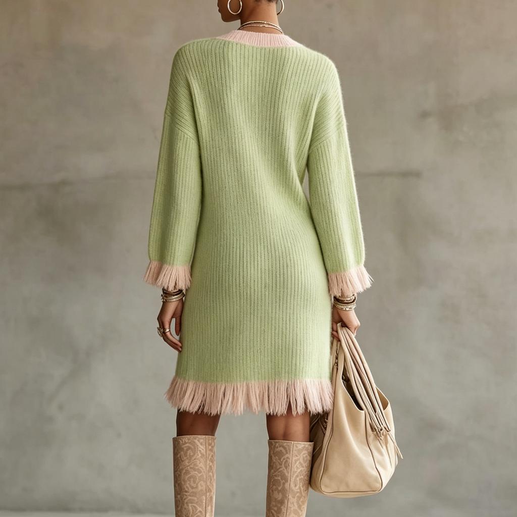 Women's Color V-Neck Knitted Dress with Long Sleeves, Casual Comfortable