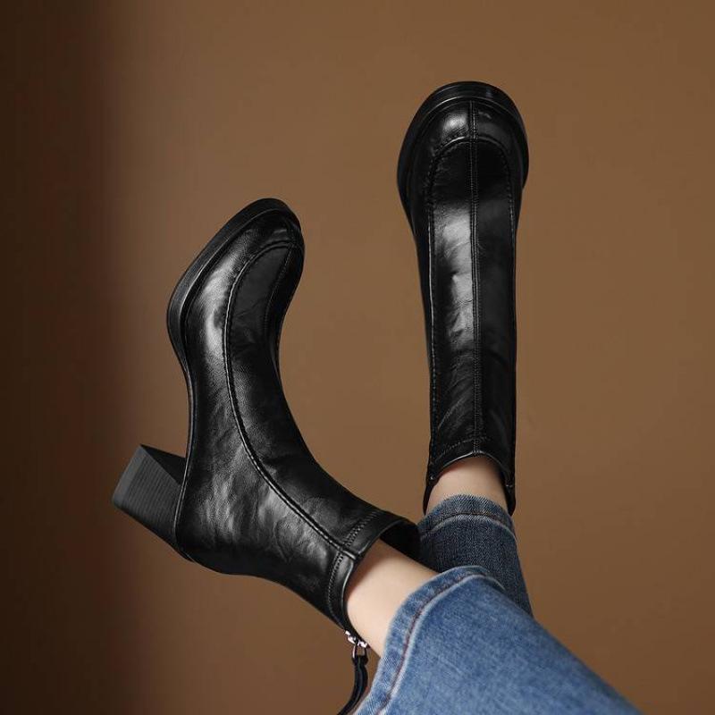 Nové dámské platformové kožené boty na vysokém podpatku jednobarevné nadměrné rytířské boty zadní zip podzim a zima kožené čtvercové a střední boty