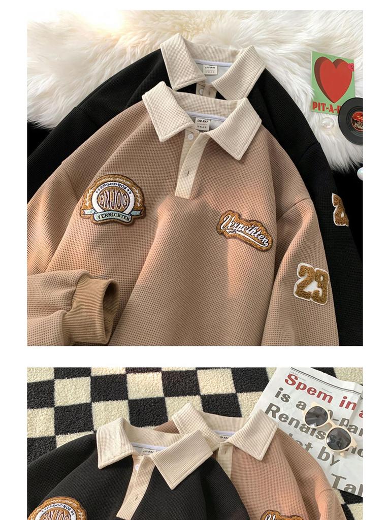 Męska bluza polo waflowa: Modny Haftowany Kołnierz, Styl Retro Amerykański, Ciężka Kurtka z Długim Rękawem na Wiosnę i Jesień