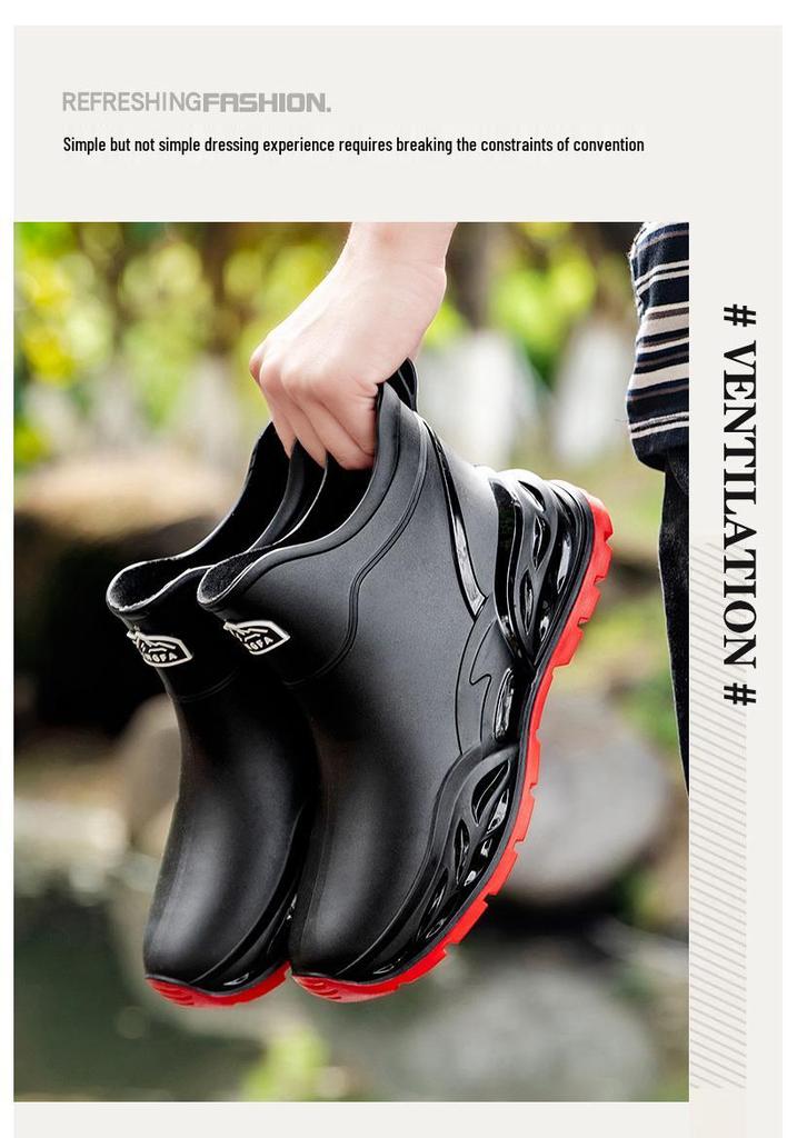 Men's Non-slip Waterproof Ankle Rain Boots - Fashionable, Wear-resistant Outdoor Rubber Shoes for Kitchen and Work.