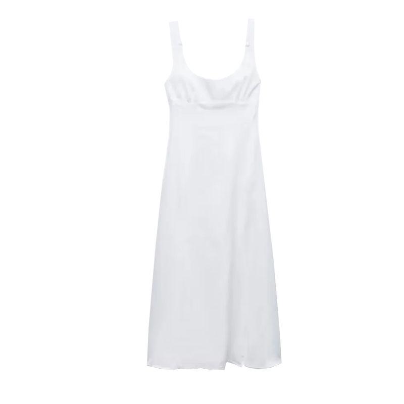 Spring NEW Round Neck Elegant Waist Hugging Split Linen Blend Shoulder Strap Length Dress 8265707 3314354
